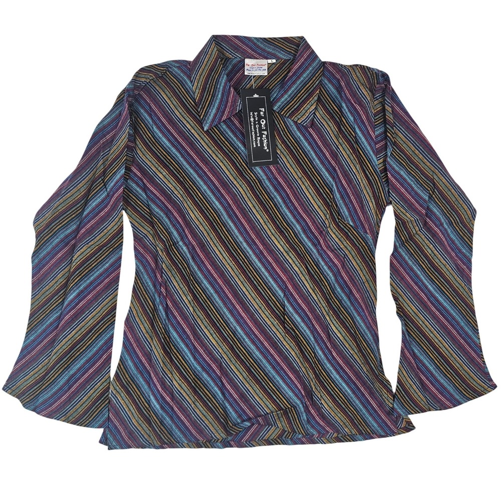 Far Out Fashion Long Sleeve‎ Bell Sleeve Striped Retro 70s Style Top Large NWT